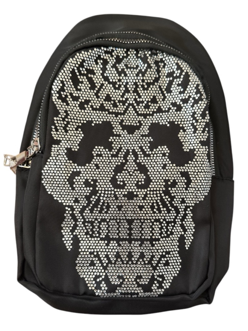 Black Crossbody Sling Bag with Silver Gothic Crystal Skull Accents